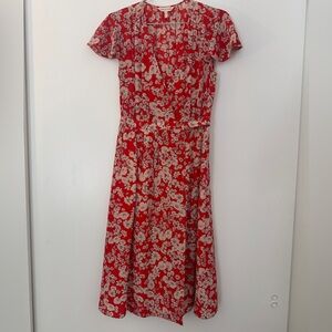 Rebecca Taylor Silk Red Floral True Wrap Midi Dress Size 6